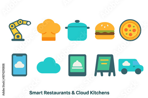 Smart restaurant and cloud kitchen solid icon set with modern cooking tools