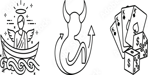 Set of Angel Devil and Gambling Outline Icons Featuring Playing Cards and Dice for Morality and Gaming Design.