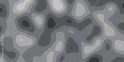 Abstract topographic map-like pattern in shades of gray, white, and dark purple, featuring organic contour lines and rounded shapes with distinct layering