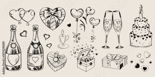 Romantic celebration sketch champagne cake hearts and gifts for a special occasion
