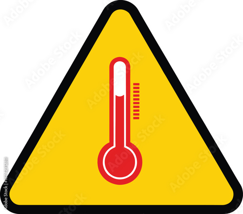 High temperature warning sign with thermometer icon, heat hazard and safety caution symbol flat vector illustration