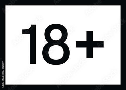 18 plus age restriction symbol inside square frame, adult content warning and access limitation flat vector illustration