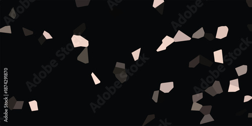 A dark, abstract composition featuring scattered, irregular polygons in shades of black, white, and light pink, creating a fragmented and textured visual effect on a black backdrop