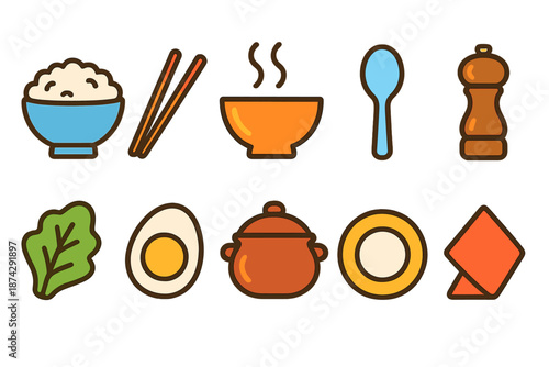 Food, cuisine flat icon set. Kitchen, cooking utensils and ingredients flat collection