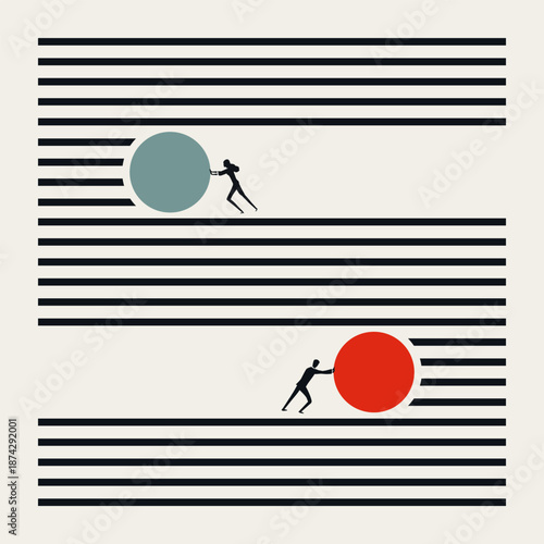 A minimalist business vector concept illustration showing a man and woman pushing spheres along parallel lines, representing individual effort, gender equality, and professional teamwork.