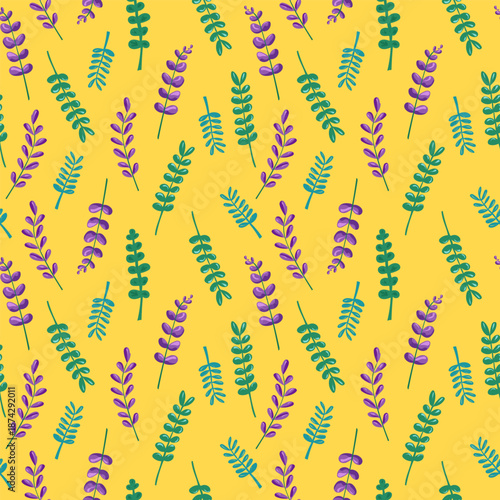 Seamless botanical pattern with stylized leaves in green and purple tones. Clean modern vector design, ideal for textiles, wallpaper, packaging, stationery, branding, eco products and surface design