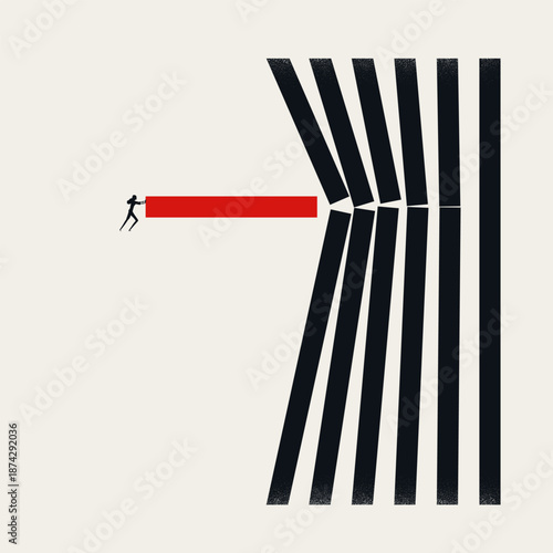 Minimalist vector concept illustration of a business woman pushing a red block to break through vertical lines, representing disruption, overcoming obstacles, and innovative leadership.