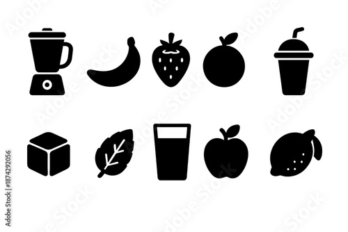 Food and drink silhouette icon set. Fruits, drinks, kitchen essentials silhouette collection