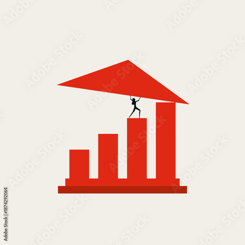 Business woman holding a triangular roof over a bar chart in this minimalist vector concept illustration, representing asset protection, financial stability, and risk management.