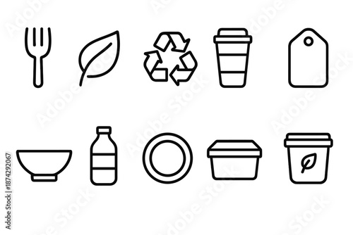 Eco-friendly, sustainability silhouette icon set for recycling and green living awareness