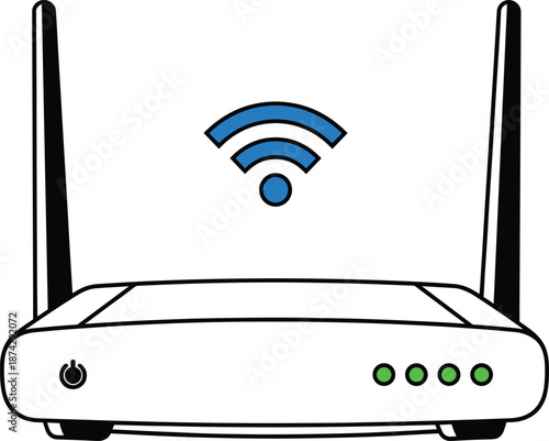 Wireless WiFi router illustration with antennas and signal icon, home internet network technology flat vector design