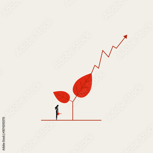 Business woman watering a seedling with a line chart branch in this minimalist vector concept illustration, symbolizing investment growth, nurturing a startup, and professional development.