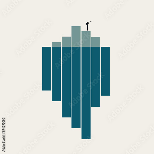 A minimalist business vector concept illustration of a professional woman using a telescope atop a bar chart iceberg, representing market research, foresight, and hidden growth potential.