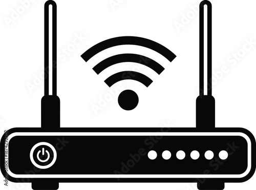 Wireless router icon with WiFi signal symbol, internet network connection technology flat vector illustration