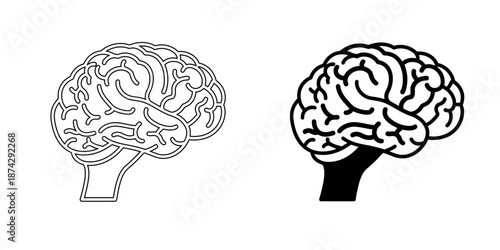 Human brain icon with line art and bold silhouette styles, isolated vector illustration of mind and intelligence.