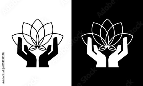 Hands cradling a lotus flower in minimalist illustration on contrasting backgrounds