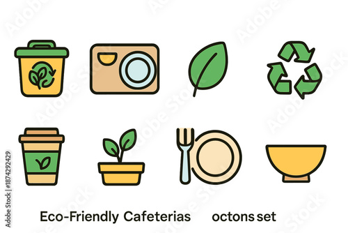Eco-friendly solid icon set: cafeteria, recycling, plant, leaf, and more