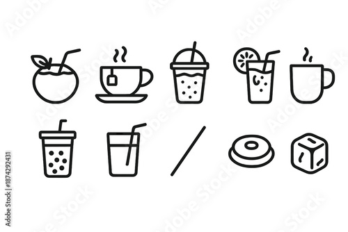 Beverage, drink outline icon set. Tea, coffee, juice, and soft drink symbols collection