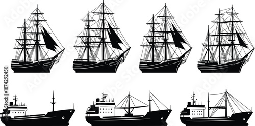 Ship silhouette vector set, sailing tall ships and cargo vessels collection, maritime transportation illustration isolated on white background