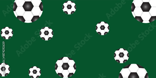 Soccer Ball Seamless Pattern. Soccer balls over green field. Seamless background. Vector illustration