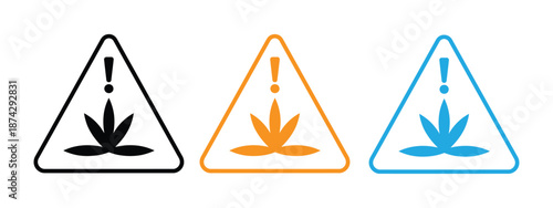 Warning signs with cannabis leaf and exclamation mark. Cannabis Caution Label. THC and CBD Warning Sign in Californian Style.