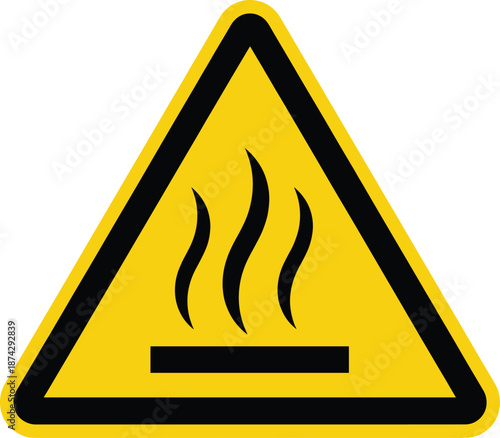 Hot surface warning sign with heat waves icon, industrial safety caution symbol in yellow flat vector illustration