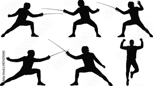 Fencing athlete silhouette vector set, sword duel action poses, competitive sport martial illustration isolated on white background