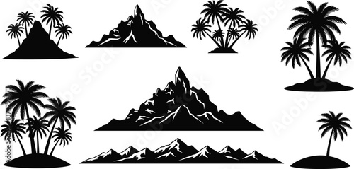 Tropical island mountain silhouette vector set, palm trees landscape elements, nature scenery illustration isolated on white background