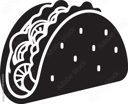 Black and white taco illustration with lettuce and tortilla