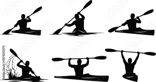 Kayaking silhouette vector set, canoe paddle water sport poses, outdoor adventure activity illustration isolated background