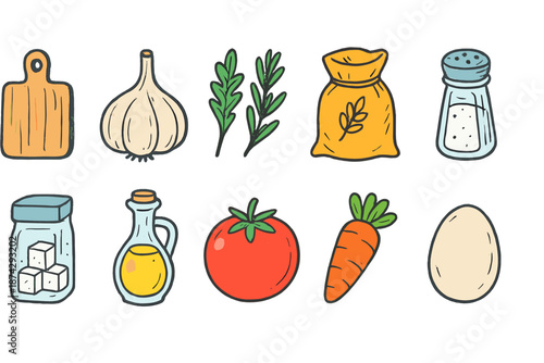 Cooking, kitchen flat icon set. Ingredients, culinary tools flat icons collection