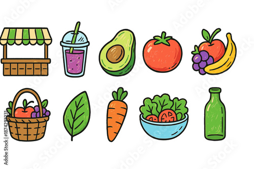 Farmers market, organic food icon set. Fresh produce collection in colorful outline style
