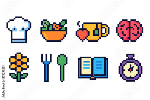 Food and drink pixel icon set. Culinary, beverage, cooking, and dining flat icons