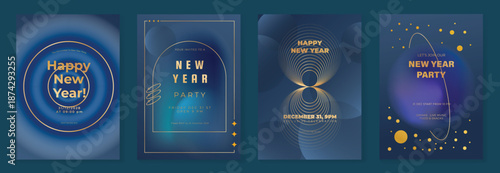Merry Christmas and Happy New Year gold luxury poster vector set. Blue color cover template with frame, golden gradient line, sparkle. Happy holiday illustration for greeting card, invitation.