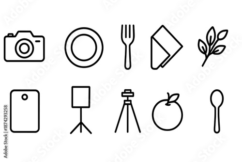 Food and photography outline icon set. Dining, cooking, photography icons collection