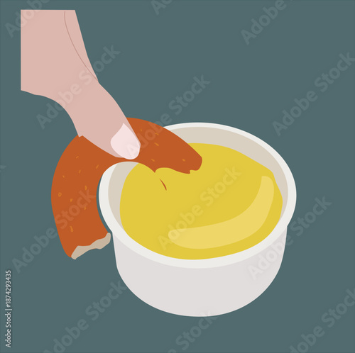 vektor woman dips a piece of pretzel in cheese sauce, 