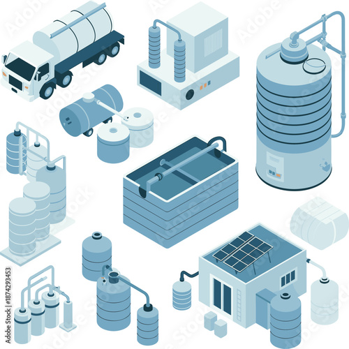 Isometric industrial water treatment system vector illustration with storage tanks filtration pipelines purification plant infrastructure technology process design layout overview