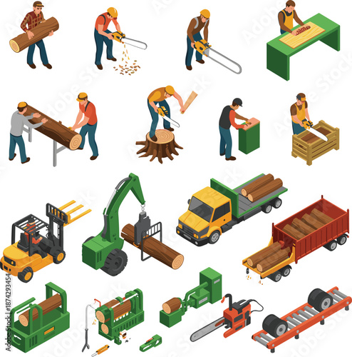 Isometric lumber logging and woodworking industry set showing forest workers machinery sawmill equipment timber transport vector illustration