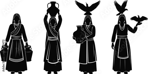 Ancient woman silhouette vector set, traditional dress pottery bird symbols, cultural heritage illustration isolated on white background