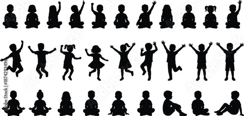 Children silhouette set showing sitting jumping dancing poses isolated on white background representing childhood activity joy education lifestyle concept