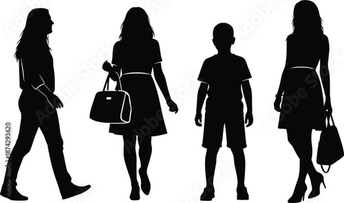 Family walking silhouettes with mother father and child isolated on white background representing lifestyle parenting movement urban concept