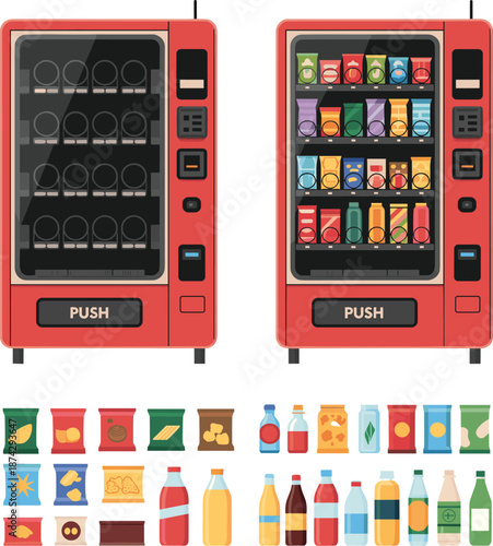 Isometric vending machine illustration showing snack drink selection automated retail food beverage dispenser vector design for modern commercial marketing use