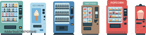 Isometric vending machine collection illustration featuring snacks drinks ice cream fast food popcorn automated retail dispenser vector design modern set