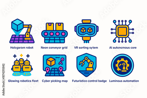 Ai robotics flat icon set. Automation, hologram robots and cyber icons collection