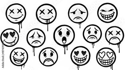 Urban Graffiti Emoticon Faces Vector Illustration Sheet in Black Ink Grunge Punk Street Art Style