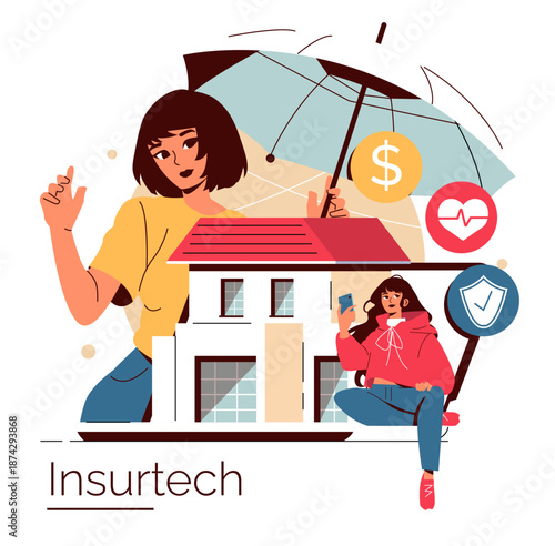 Insurtech Concept with Woman Protecting House Illustration