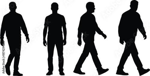 Male walking silhouette set, human body motion sequence, isolated black figures, side and front views, minimal design
