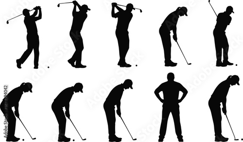 Golfer silhouette vector set, golf swing putting poses, professional sport activity illustration isolated on white background
