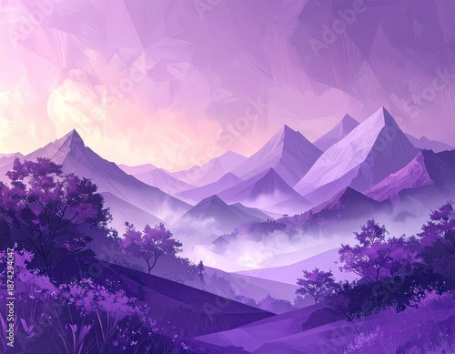 Purple mountains and trees create a dreamlike, misty landscape.