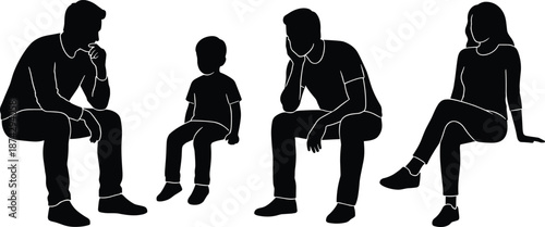 Silhouette family sitting together thoughtful poses isolated on white background representing parents and child conversation lifestyle illustration concept relationship support